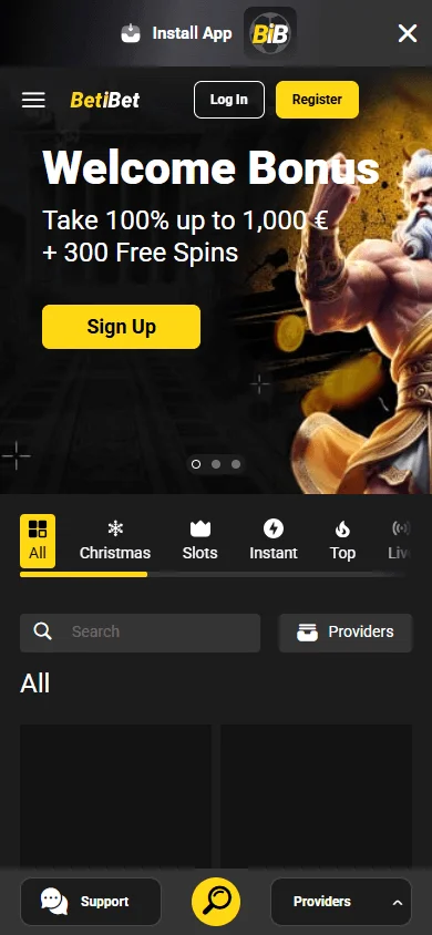 Betibet Casino games page on a mobile browser